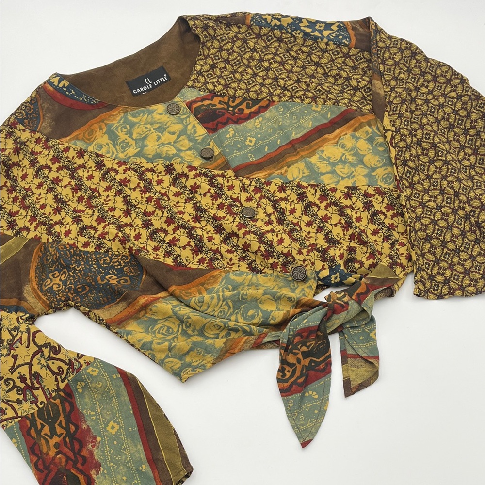 Carole Little Multicolor Patchwork Tie-Front Blouse in Mustard,‎ Teal & Rust